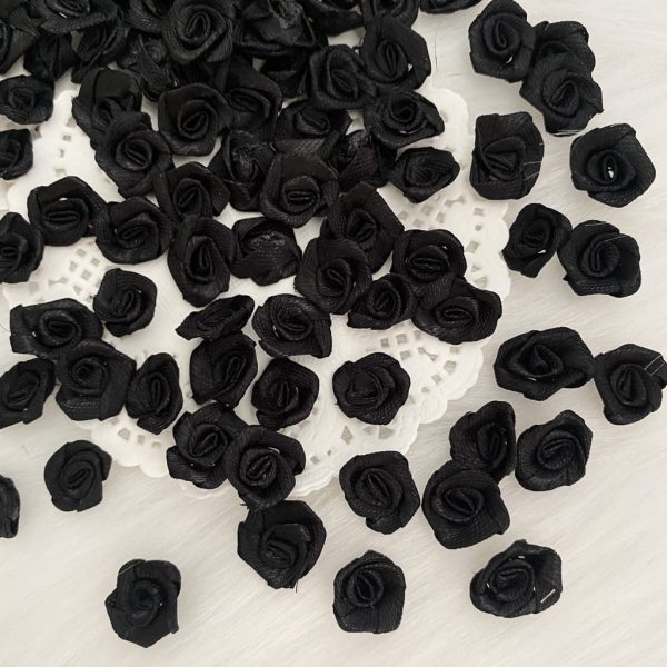 Ruwado 50 pcs Satin Ribbon Roses Mini Flowers Boutique Applique Sewing Embellishment Supplies for DIY Craft Project Scrapbooking Wedding Theme Parties Home Decoration Black 